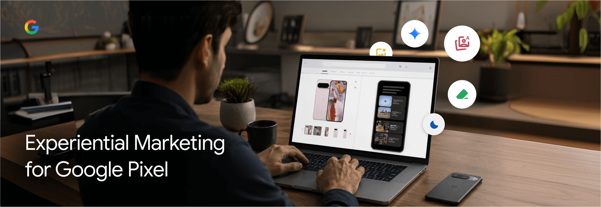 Experiential marketing web app for Google Pixel, shown embedded on a laptop product page