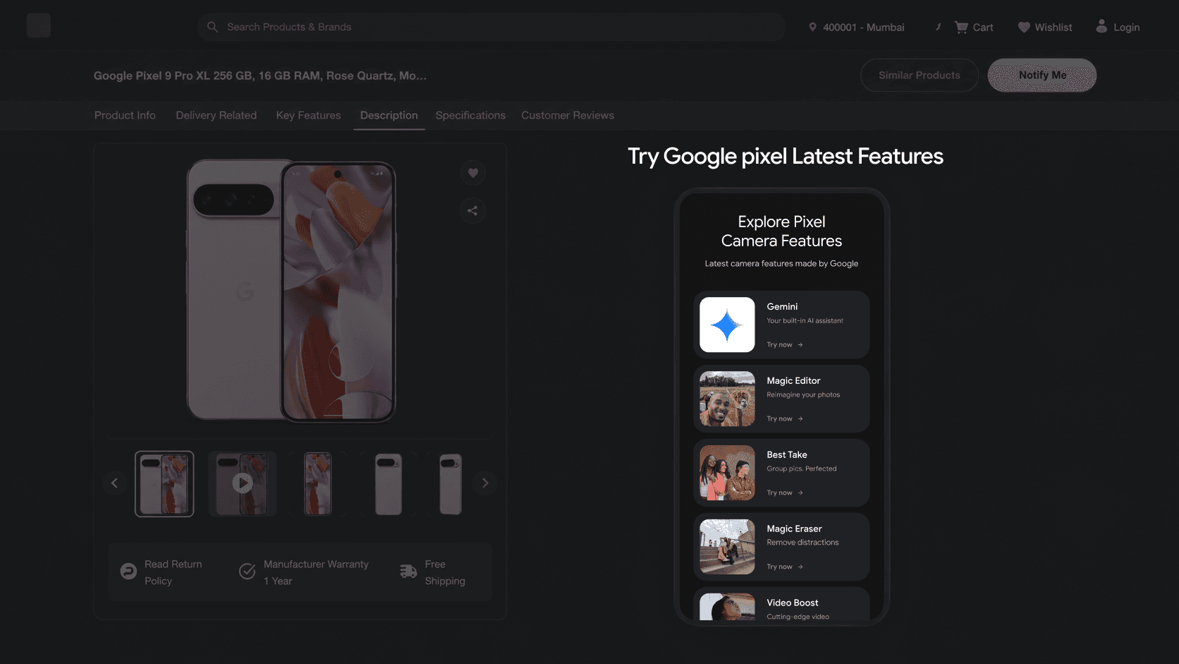 Full product page showing the embedded experience beneath the Reliance Digital / JB Hi-Fi feature section