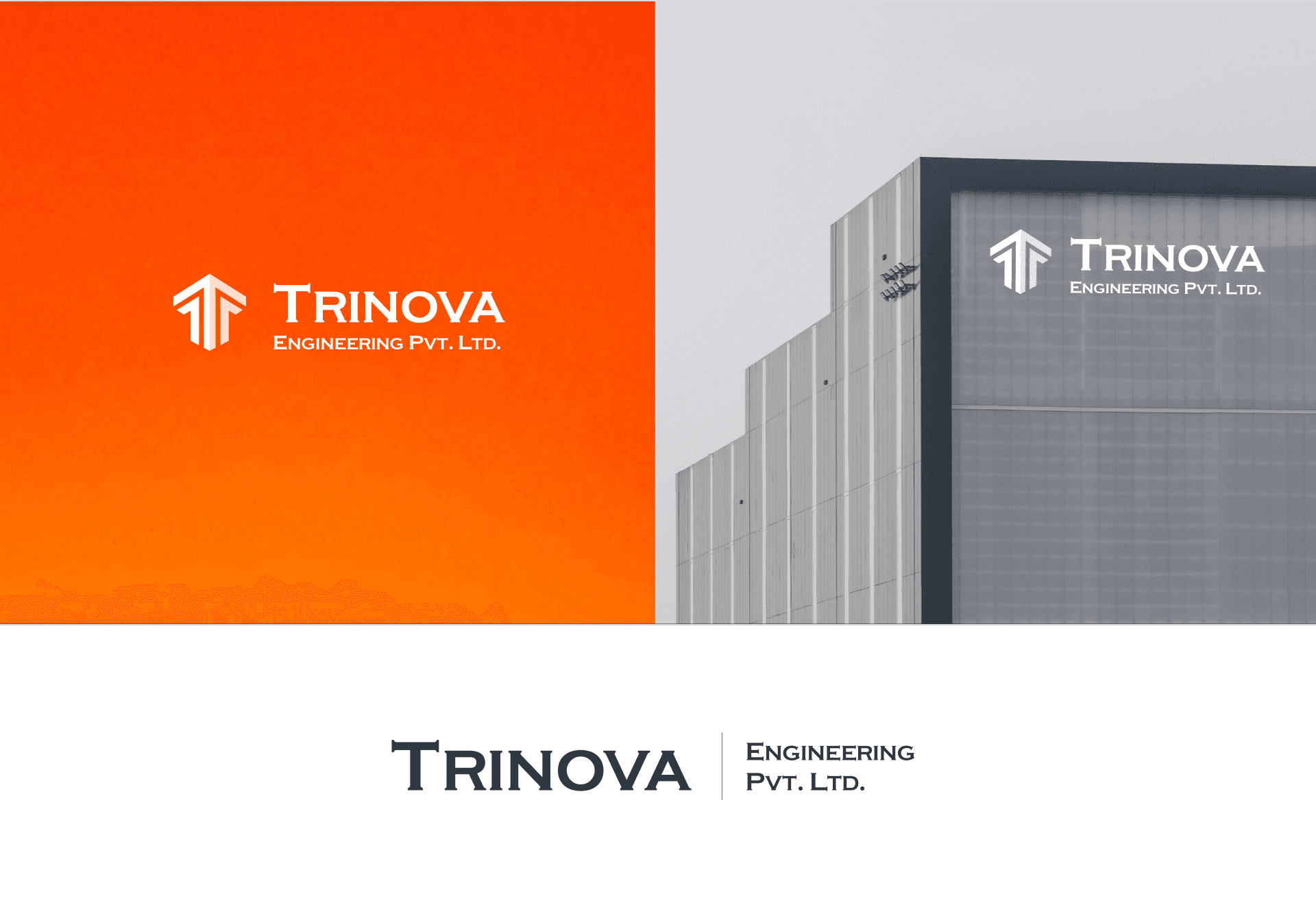 Trinova logo on building signage and orange swatch